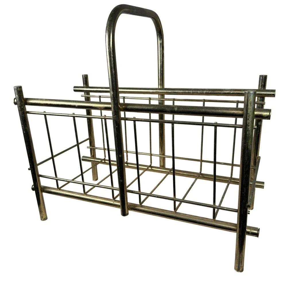 Vintage Mid Century Modern Brass Tone Wire Magazine‎ Rack Record Holder MCM Gold